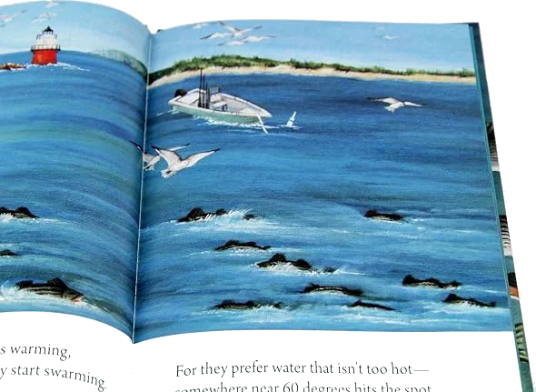 A painted spread of a small skiff running past a red lighthouse, gulls working over a rocky shoreline.