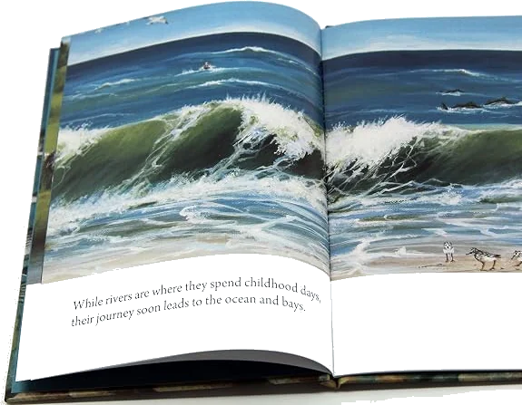A painted spread of a green wave breaking on a beach, with sandpipers running along the wet sand.